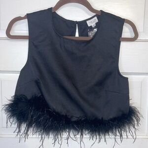 NWT Lelis Collection | Black Crop Top Sleevless Trimmed Black Feathers Small